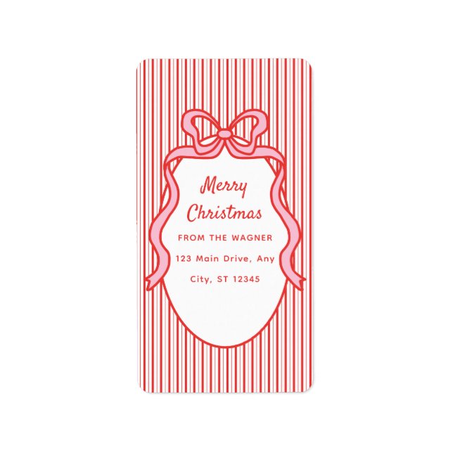Red Pink Stripes & Bow Frame Christmas  Adressetikett (Framsidan)
