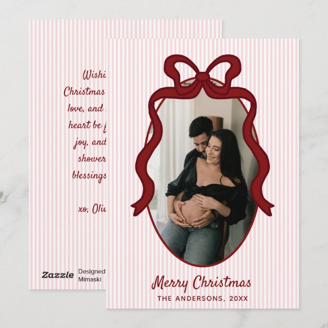 Red Pink Stripes & Bow Frame Christmas Photo Julkort (Fram/baksida)