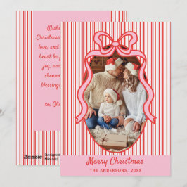 Red Pink Stripes & Bow Frame Christmas Photo Julkort