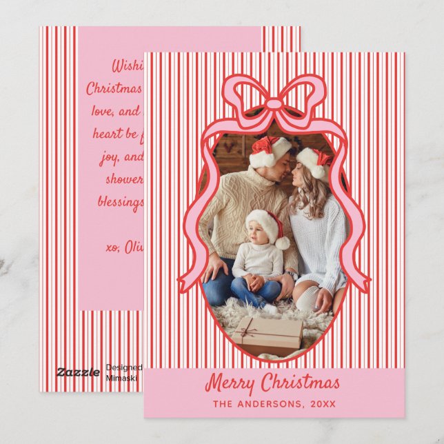 Red Pink Stripes & Bow Frame Christmas Photo Julkort (Fram/baksida)