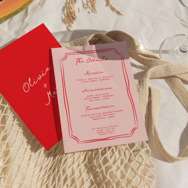 Red + Pink Wedding Details Enclosure Card Tilläggskort (red pink wedding, wedding details card, enclosure card, colorful wedding card, modern wedding detail)