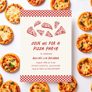 Red Pizza Party Barns födelsedag Quirky Hand-drage Inbjudningar