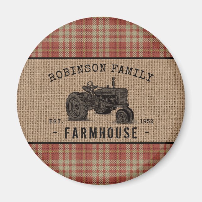 Red Plade Burlap Round-tranden för Family Farmhous Magnet (Framsidan)