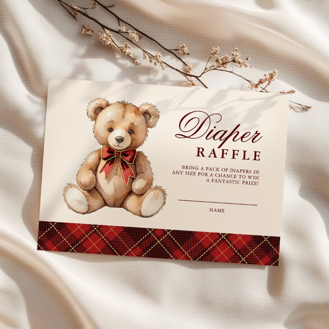Red Plaid Bear Baby Shower Diaper Raffle Tilläggskort (Skapare uppladdad)