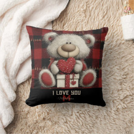 Red Plaid Bear I Love You Custom Name Monogram Kudde