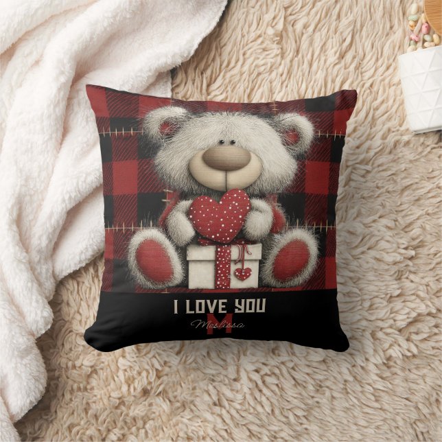 Red Plaid Bear I Love You Custom Name Monogram Kudde (Filt)