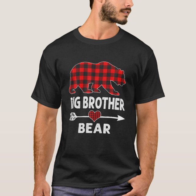 Red Plaid Big Brother Bear Buffalo Matching Family T Shirt (Framsida)