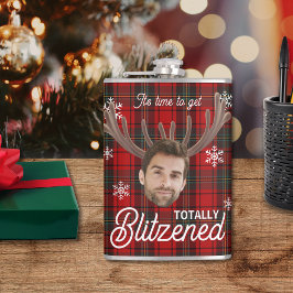 Red Plaid Blitzened Holiday Humor Drinking Flask Fickplunta