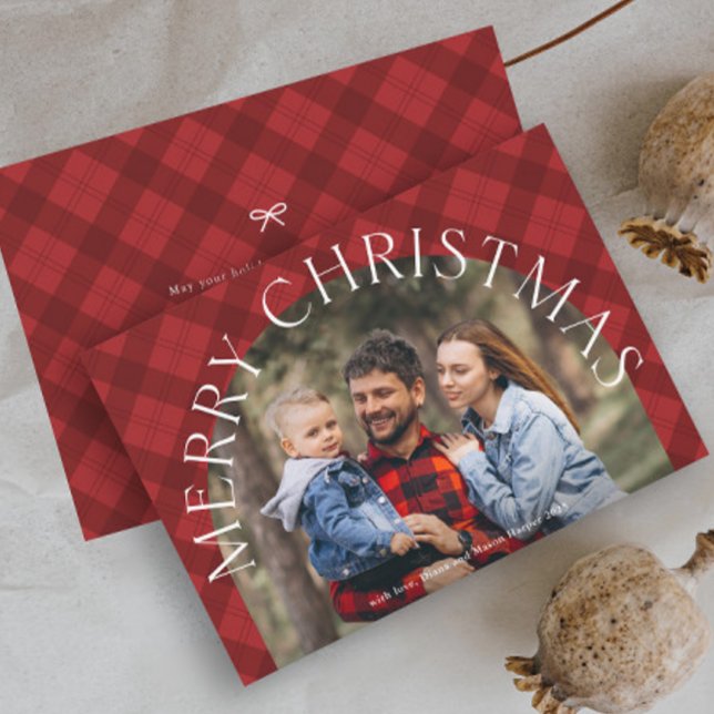 Red Plaid Boho Arch Merry Christmas Photo  Julkort (Rustic red plaid arch photo Christmas holiday cards.)
