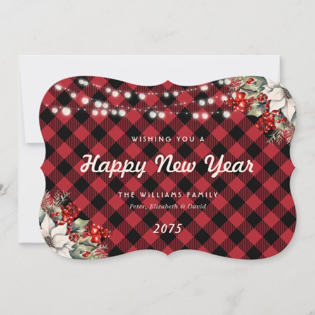 Red Plaid Botanical String Lights New Year Card Julkort (Framsida)
