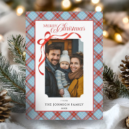 Red Plaid Bow Family Christmas Photo Julkort