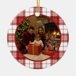 Red Plaid Family Christmas Julgransprydnad Keramik