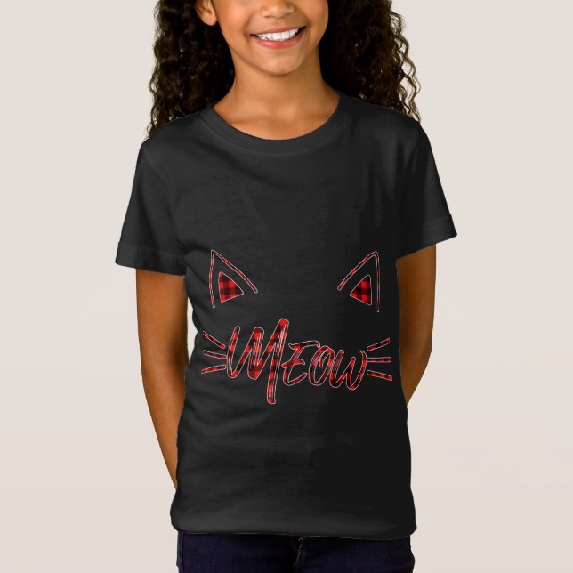 Red plaid Meow Cat Kitten Öron buffalo som matchar T Shirt (Framsida)