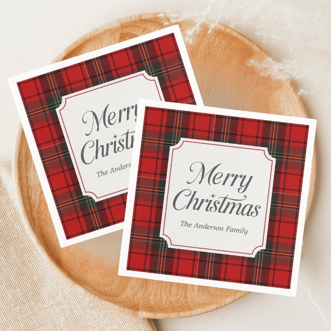 Red Plaid Merry Christmas Pappersservett (Red Plaid Modern Merry Christmas Holiday Napkin)