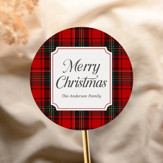 Red Plaid Merry Christmas Runt Klistermärke (Red Plaid Modern Merry Christmas Holiday Sticker)