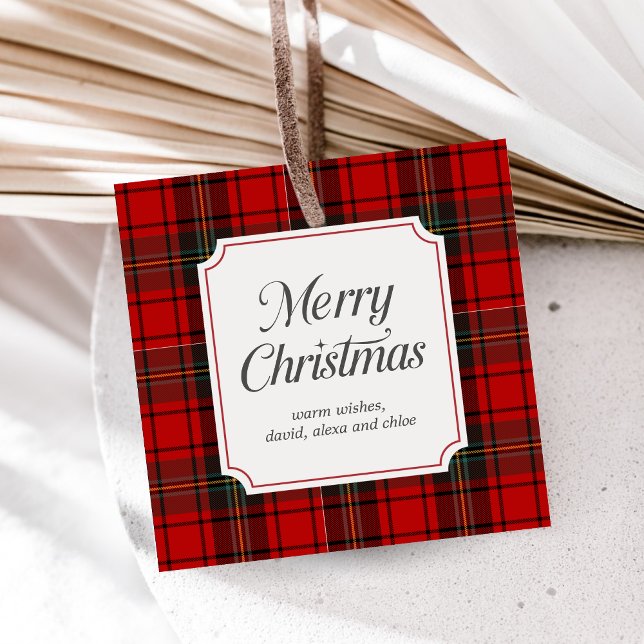 Red Plaid Merry Christmas Square Gåvor Etiketter (Red Plaid Modern Merry Christmas Holiday Favor Tags)