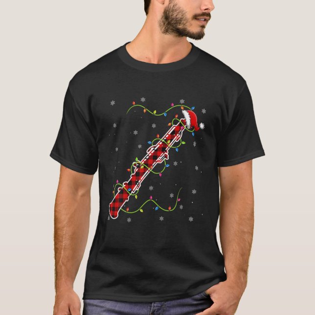 Red Plaid Oboe Christmas Lights Pajama Matching T Shirt (Framsida)
