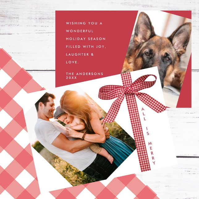 Red Plaid Ribbon Simple 2 Photo Christmas Julkort (Skapare uppladdad)