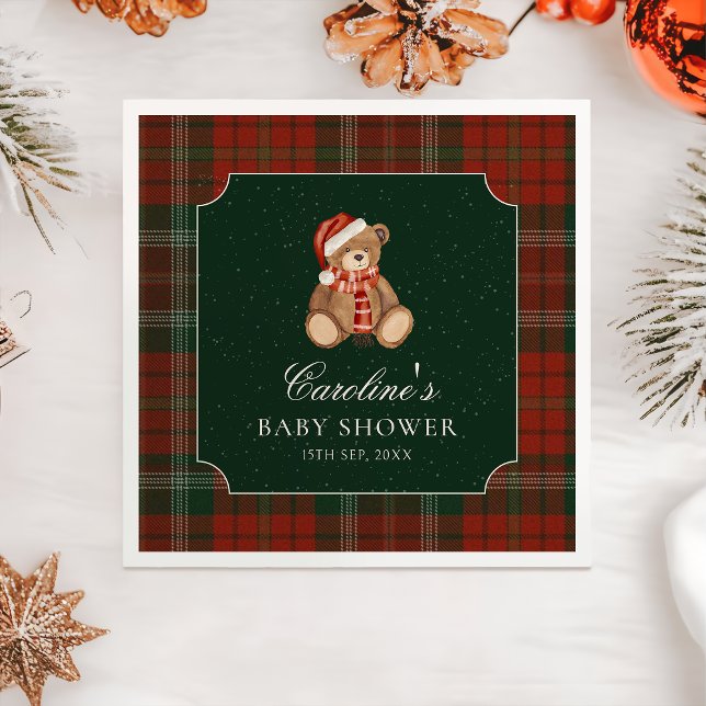 Red Plaid Teddy Bear Christmas Baby Shower Napkins Pappersservett (Skapare uppladdad)