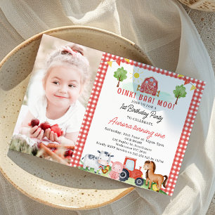 Red Plaid Tractor Farm Animals Birthday Inbjudningar