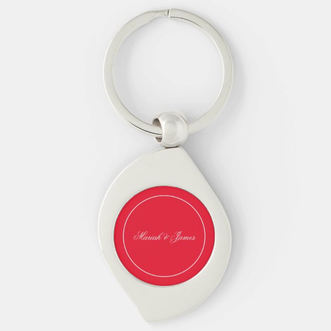 Red Plain Elegant Minimalist Namn Calligraphy Swirl Silverfärgad Nyckelring (Framsidan)