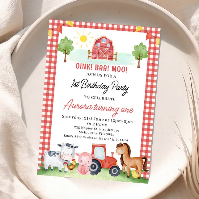 Red Play Barn Boskap Birthday Inbjudningar (Girls Red Farm Birthday Birthday Invitation, Barnyard Animals, Farm Birthday Invite, Red Tractor)
