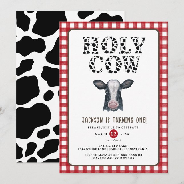 Red Play Boy Heliga Cow Första födelsedagen Inbjudningar (Fram/baksida)