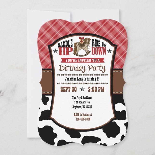 Red Play Cowhide Cowboy Birthday Inbjudan (Framsida)