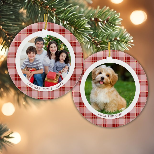 Red Play Family jul 2 Foton Ornament (Red Plaid Family Christmas 2 Photos Ornament)