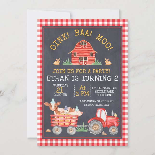 Red Play Farm Tractor Chalkboard Birthday Inbjudningar (Framsida)
