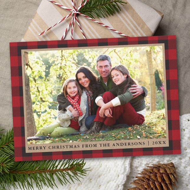 Red Play God jul Kraft Family Photo Julkort (Customize text size or text style.)