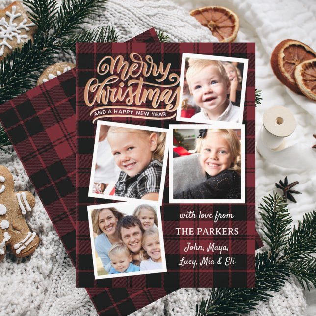Red Play Golden jul Collage Inbjudningar (christmas card, plaid christmas card, download christmas card, instant download christmas card)