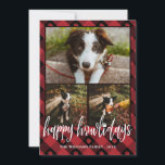 Red Play Lycklig Howlidays Hund Photo Collage Julkort<br><div class="desc">Julfotokort med tre foton inuti ett tryckt rött pläterat ram med en dekorerad buffelkontroll mönster. Lycklig howlidays är skrivet i ett charmerande skript med ett tassutskrift för i.</div>