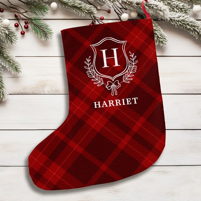 Red Play Monogram Initial Tartan Stor Julstrumpa (Skapare uppladdad)