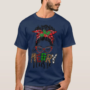 Red Play One Merry School Nurse Messy Bun Christm T Shirt
