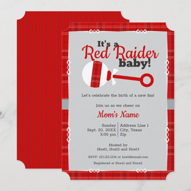 Red Play Raider Baby Shower Inbjudningar (Fram/baksida)