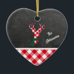 Red Play Reindeer Chalkboard Family Namn Julgransprydnad Keramik<br><div class="desc">Den här svarta ritbordsdesignen är kantad med rött och vitt plaid och har en passande renhet... förtrollad med en festiv grönt scarf! Anpassa med din eller dina kära namn. Du kan ändra stilar,  storlek och färg på menyn Redigera.</div>