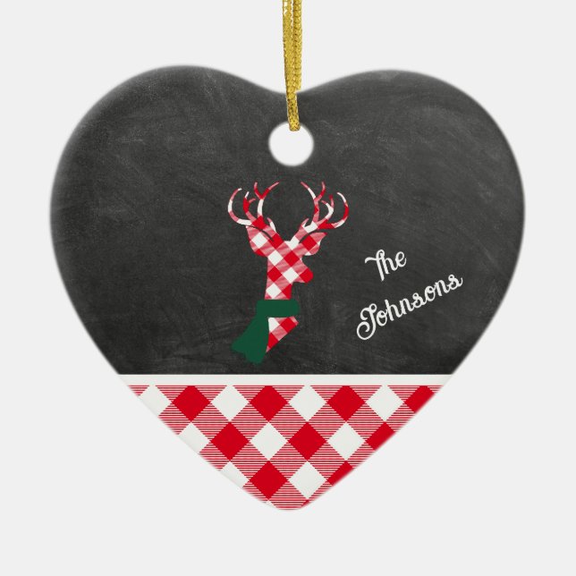 Red Play Reindeer Chalkboard Family Namn Julgransprydnad Keramik (Framsidan)