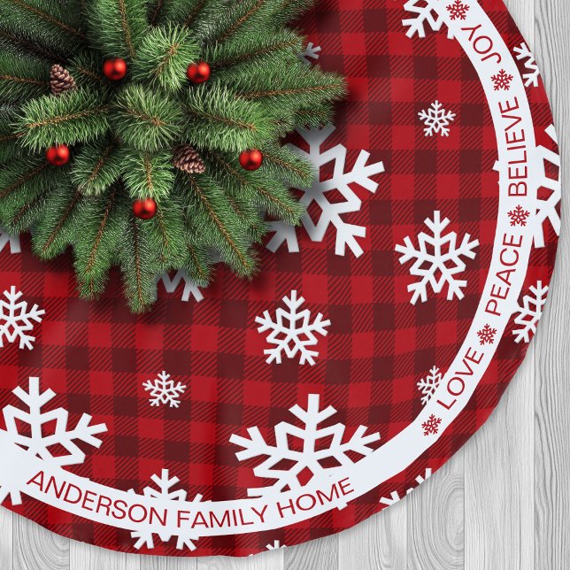 Red Play Snowflake Festive Ord jul Julgransmatta Borstad Polyester (Red Plaid Snowflake Festive Words Christmas Brushed Polyester Tree Skirt)