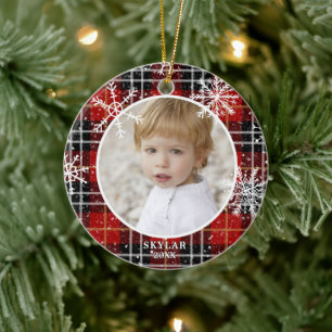 Red Play Snowflake Photo Namn År Julgransprydnad Keramik