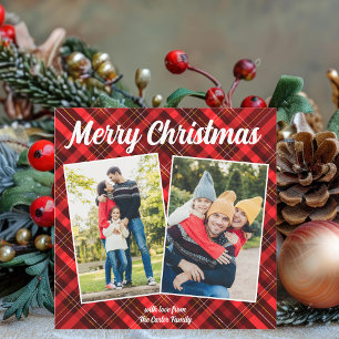 Red Play Tartan God jul 2 Family Photo Julkort
