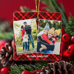 Red Play Tartan jul 2-familjfoto Julgransprydnad Keramik<br><div class="desc">En klassisk rödfärgad tartan mönster bakom ditt foto av familjen 2 helgdag för en festlig,  traditionell julprydnad. Enkel och vacker julklapp som innehåller två fotografier.</div>