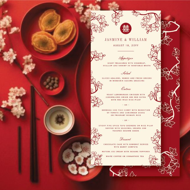 Red Plum Blommars Dubbla Happity Chinese Bröllop Meny (Red Plum/Peach Blossoms & Double Happiness Floral Chinese Wedding Menu Card @ fatfatin_red_knot)