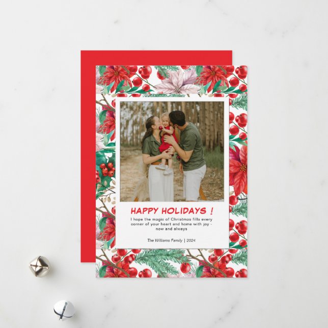 Red Poinsettia 2 Family Photo jul Julkort (Fram/Back In Situ)