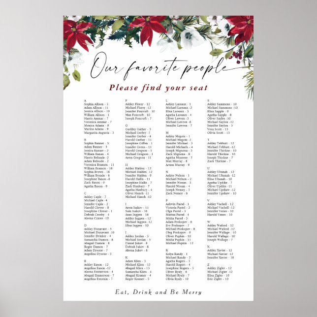 Red Poinsettia Alphabet jul SEATING CHART Poster (Framsidan)