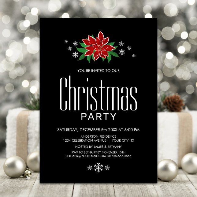 Red Poinsettia Black Minimalist jul Party Inbjudningar (Skapare uppladdad)