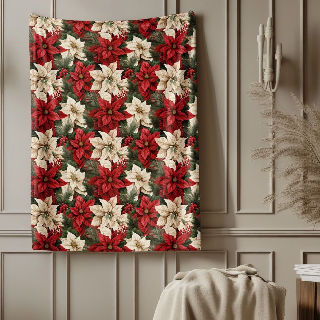 Red Poinsettia Blanket Classic Christmas Home Chic Fleecefilt (Red Poinsettia Blanket Classic Christmas Home Touch)