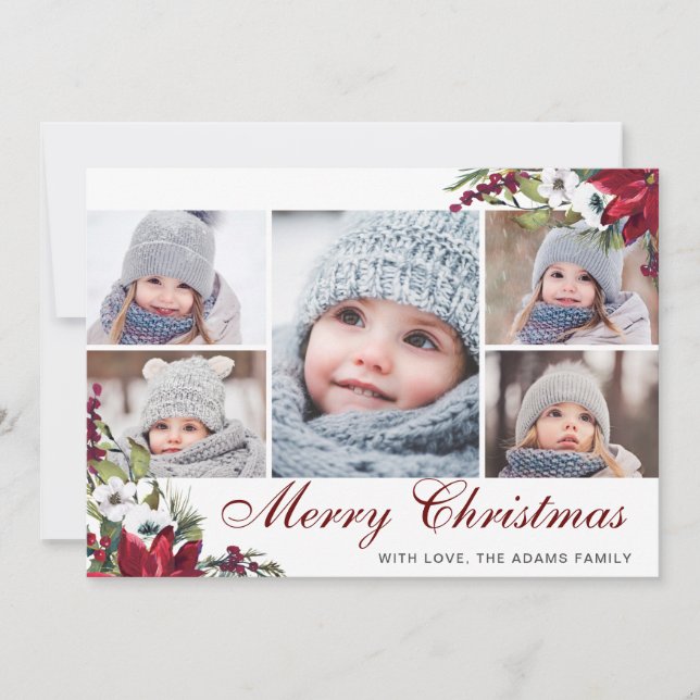 Red Poinsettia Blommigt 5 PHOTO-julkort Tack Kort (Framsida)