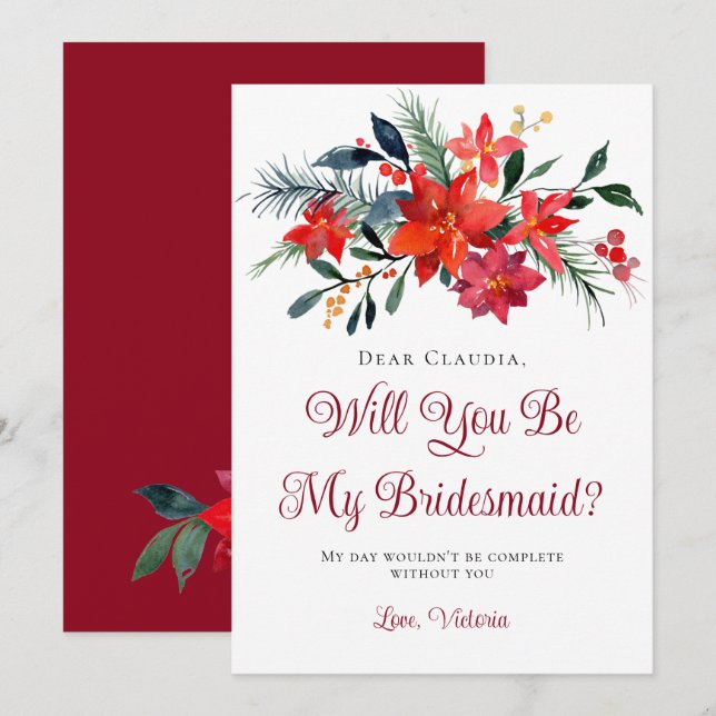 Red Poinsettia Blommigt blir min bridesmaid Inbjudningar (Fram/baksida)