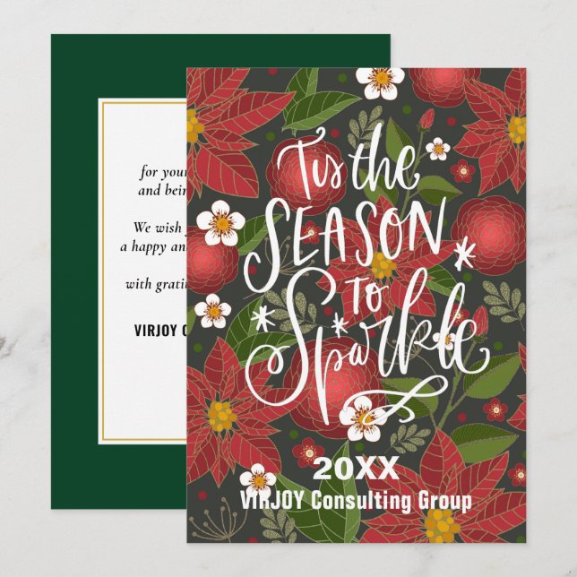 Red Poinsettia Blommigt Elegant Script Corporate Julkort (Fram/baksida)